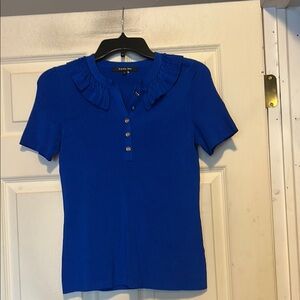 Rachel Roy Blue Ruffle Neck Top Size Small